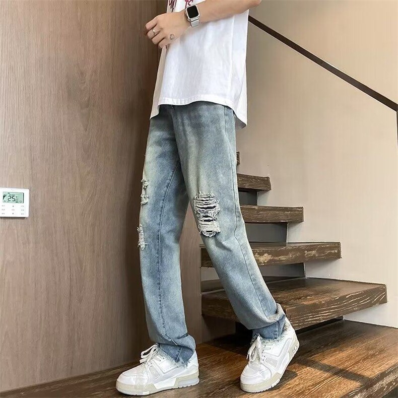 D7269-P45美式高街夏季破洞补丁假破洞牛仔裤男直筒显瘦长裤ins潮,男装牛仔裤,星座603-2