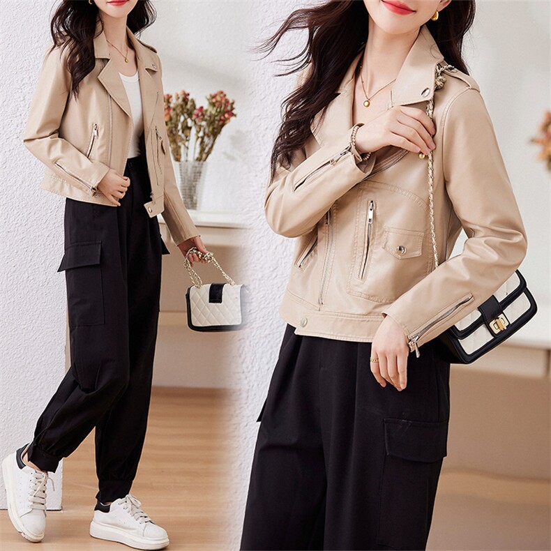 海宁皮衣外套女士2023年新款春秋PU皮机车短款小个子皮夹克，女装皮衣，江南女神