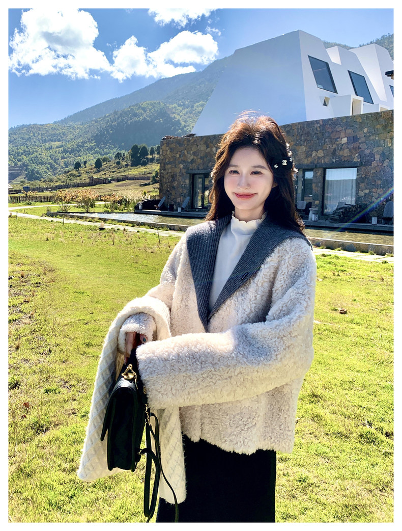 新款现货，针织领皮毛一体外套2C093-6679-P3=245-K368,女装短外套,2C093