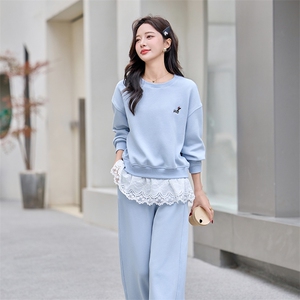 TZ0922 田原~春季蕾丝花边拼接卫衣套装减龄休闲抽绳卫裤两件套女图片