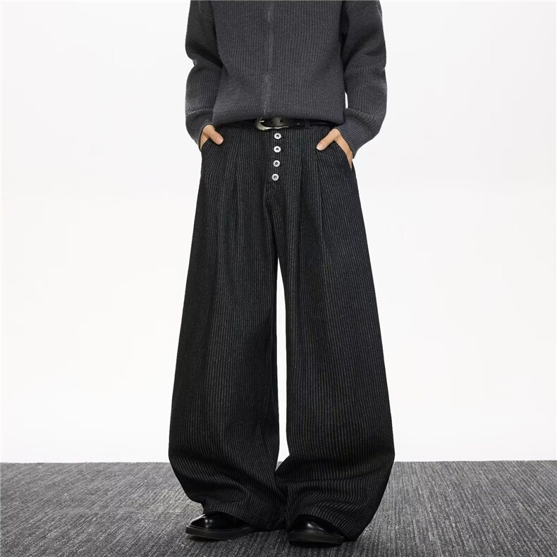 黑色条纹休闲裤纽扣装饰褶男装休闲裤S-3XLXZ212-1-QNX9042-P45，男装休闲裤，星座212-1