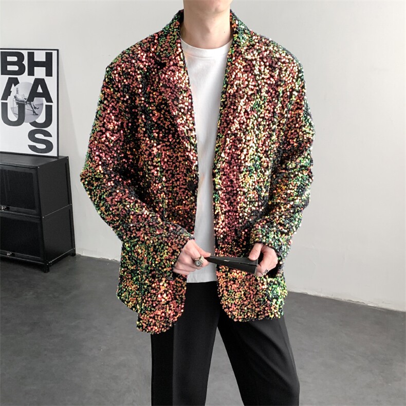 春装2026闪闪亮珠片彩色晚会年会舞台装男演出服西装夜店歌手外套,男装西服套装,星座909
