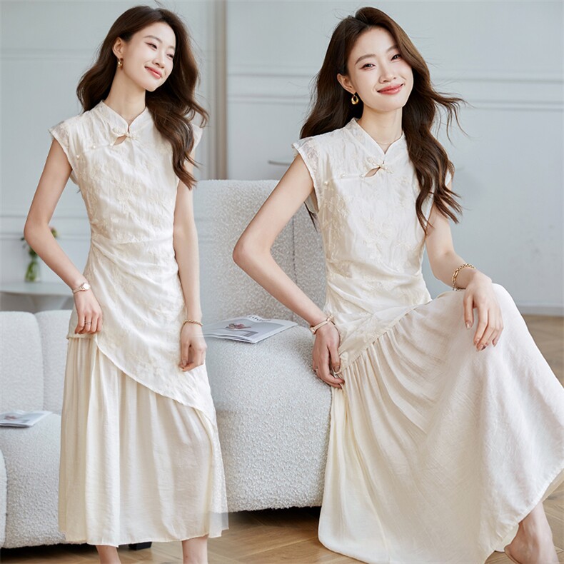 时尚优雅连衣裙女2026年夏季新款新中式盘扣裙子白色裙子,女装连衣裙,时尚风爆