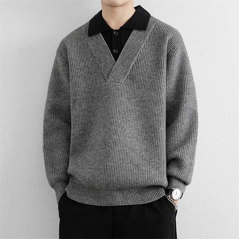 拼接翻领上衣假两件毛衣外套男秋新款男高级感针织开衫MY239 P69图片