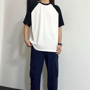 抖音得物高品质二开240克宽松纯棉美式潮牌插肩袖拼接短袖T恤图片