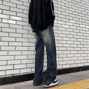 秋季高级感拼接水洗宽松阔腿裤美式高街直筒牛仔裤男款 K7488-P48图片