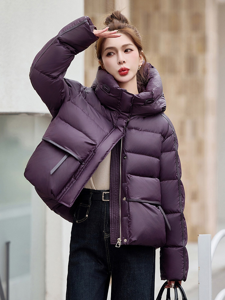 欧货高级感紫色短款羽绒服女2024冬季新款宽松休闲短款白鸭绒外套,女装羽绒服,琦鑫阁（原依鑫阁）