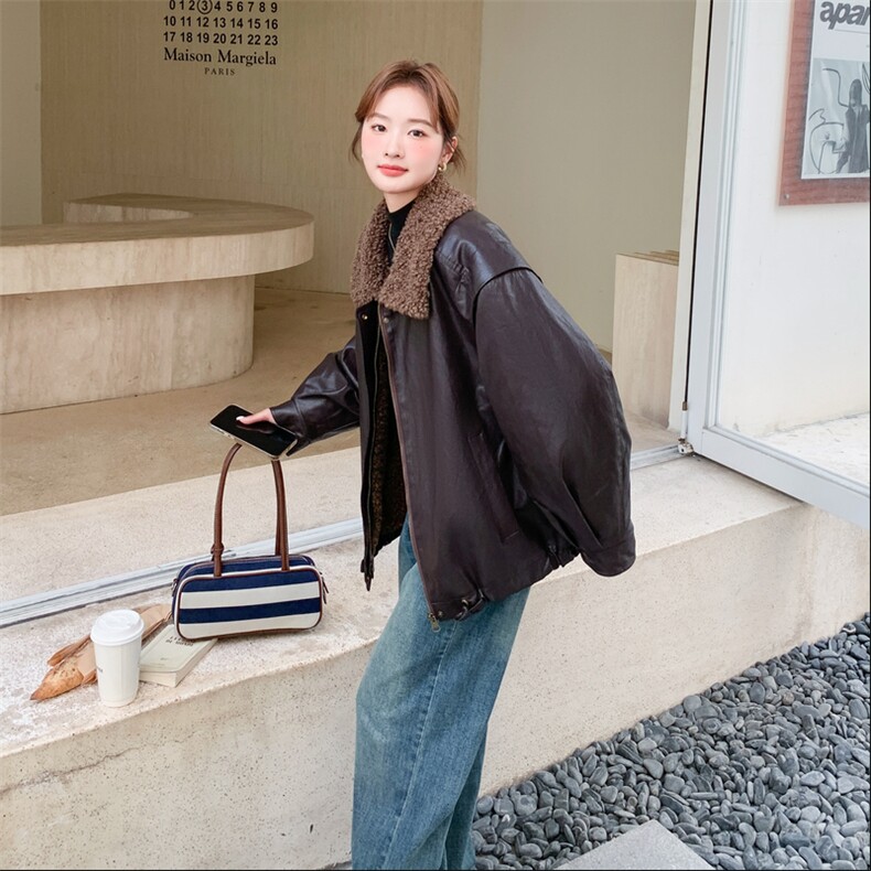 黑色短款PU皮衣外套女秋季美式痞帅机车夹克oversize翻领棒球服,女装皮衣,2C217