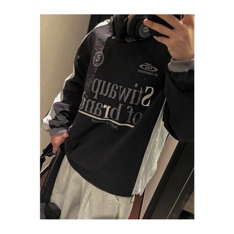 美式潮牌徽章标语撞色圆领卫衣春秋季拼接宽松休闲,男装卫衣,星座716-2