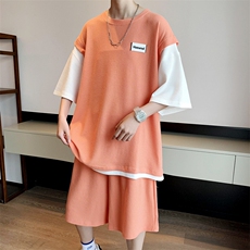 L夏季港风华夫格假两件2022短裤短袖T恤学生套装男T787-P45，男装T恤，星座512-2