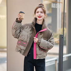 设计感洋气撞色条纹羽绒服女短款2025冬新款保暖白鸭绒面包服外套，女装羽绒服，米雪儿