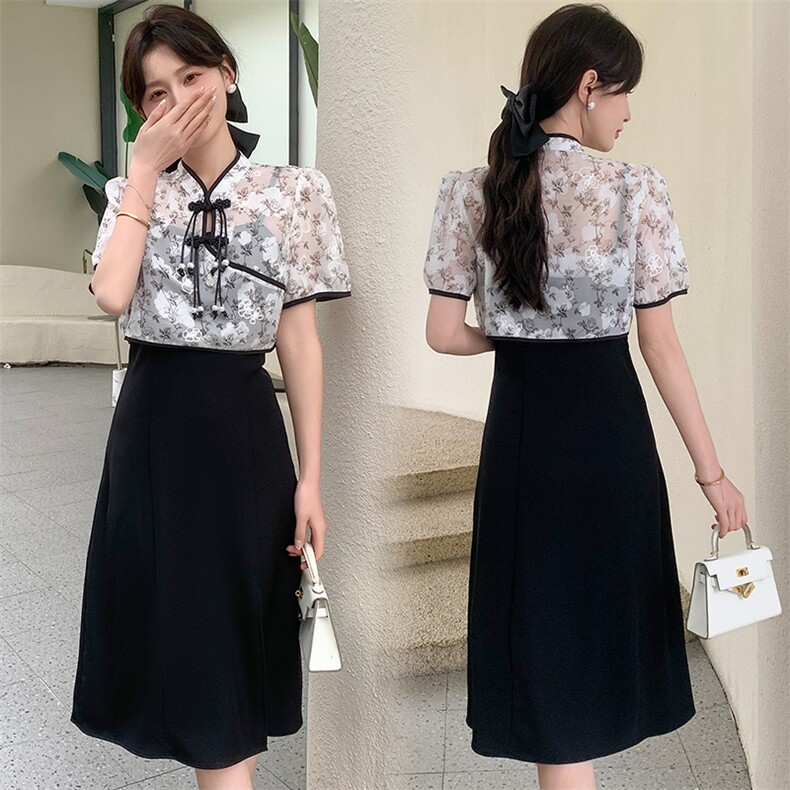 夏季大码新中式提花盘口薄款短袖罩衫吊带连衣裙优雅复古女，女装连衣裙，超帛