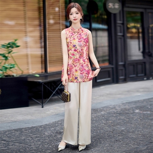 新中式国风时尚套装2025夏新款印花无袖盘扣上衣醋酸阔腿裤两件套图片