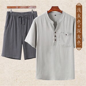主推款高端夏季男士唐装中年棉麻套装中老年高品质亚麻短袖T恤图片