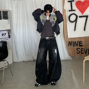 水洗阔腿弯刀牛仔裤男女夏季微喇宽松hiphop做旧直筒裤YD9007-P75图片