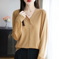 韩系彩扣精纺细毛针织开衫女外套毛衣25早秋长袖轻暖外搭小衫上衣，女装蕾丝衫/雪纺衫，暖烁羊绒