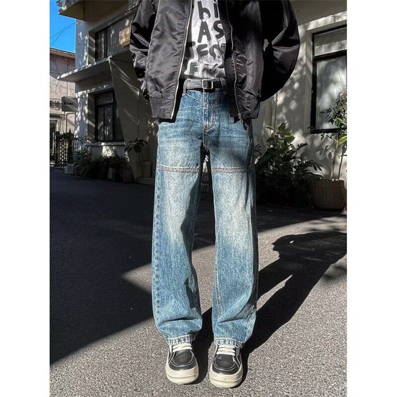 复古蓝色宽松直筒牛仔裤男街头潮流拼接设计感休闲长裤RK2480-P47图片