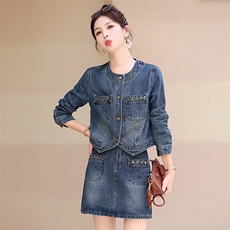 【春季现货】时尚牛仔套装女2025春外套半身裙复古时尚显瘦两件L，女装套装/套裙，意芙