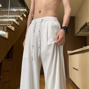 特批P28无差价夏季复古细条纹肌理感顺滑直筒休闲裤男阔腿裤K5755图片