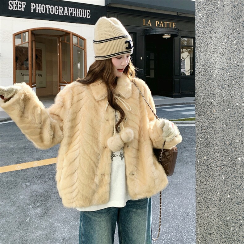 现货金叶貂绒皮毛一体RF058-D6582-P195-K278,女装短外套,2C058