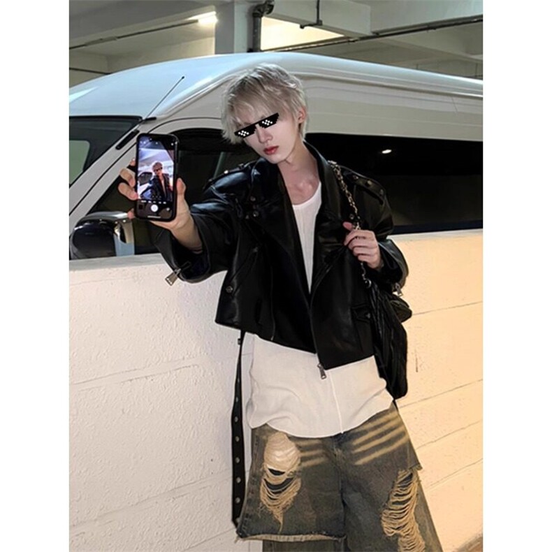 短宽廓形高腰皮衣痞帅高级感垫肩外套机车服JK746特P82,男装皮衣,星座908-1