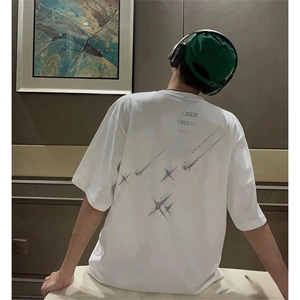 抖音得物供货210克现货宽松纯棉美式潮牌印花落肩袖纯棉T恤AT2174图片