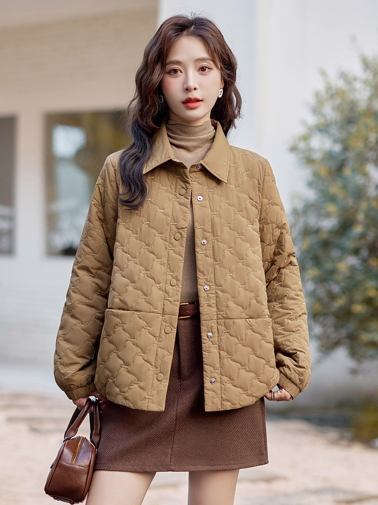 卡其色菱格棉服女款冬季2025新款短款小个子洋气时尚棉衣外套,女装棉衣/棉服,梦懿尔