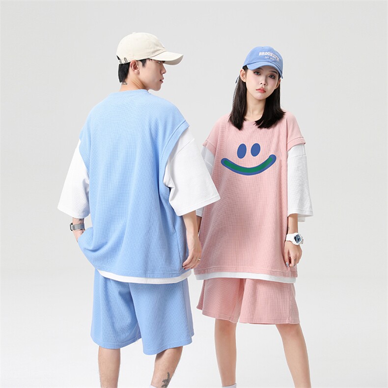 中性风2023夏季新款华夫格情侣装笑脸印花套装TZ619P75控98，女装运动套装，A247A