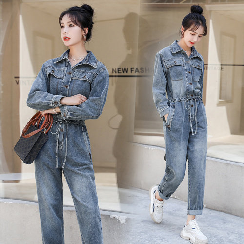 2021秋季时尚简约大方气质优雅收腰显瘦休闲修身百搭潮流连体裤，女装牛仔裤，秋水欣儿