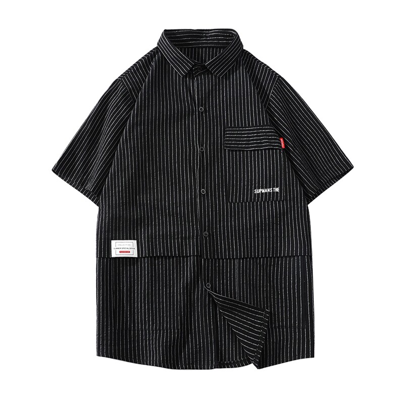 货足8XL-M条纹工装衬衫男2023夏季新款美式胖子短袖衬衣加肥加大,男装衬衫,钱塘717(原712)