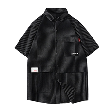 货足8XL-M条纹工装衬衫男2023夏季新款美式胖子短袖衬衣加肥加大，男装衬衫，钱塘717(原712)