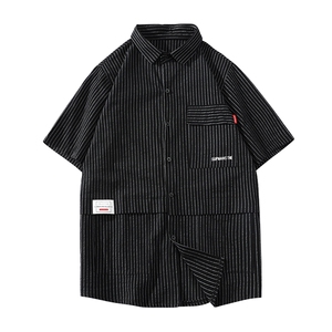 货足8XL-M 条纹工装衬衫男2023夏季新款美式胖子短袖衬衣加肥加大图片
