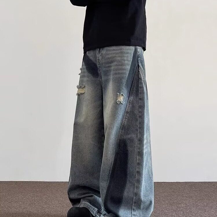 复古破洞扎染牛仔裤街头宽松阔腿拖地裤男牛仔裤网图NZK098-P58,男装牛仔裤,星座302B-2