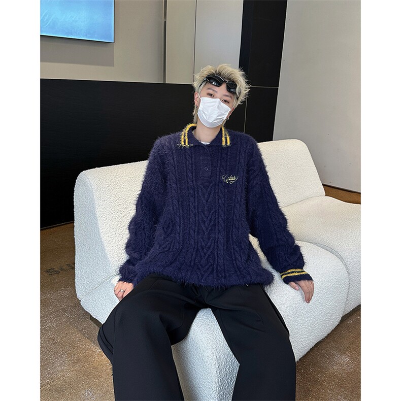 美式撞色翻领针织毛衣秋冬慵懒风设计感休闲保暖上衣,男装针织衫/毛衣,星座410-7