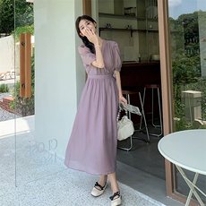 紫色轻熟风V领收腰显瘦连衣裙女2023夏季新款法式气质感桔梗长裙，女装连衣裙，一九零