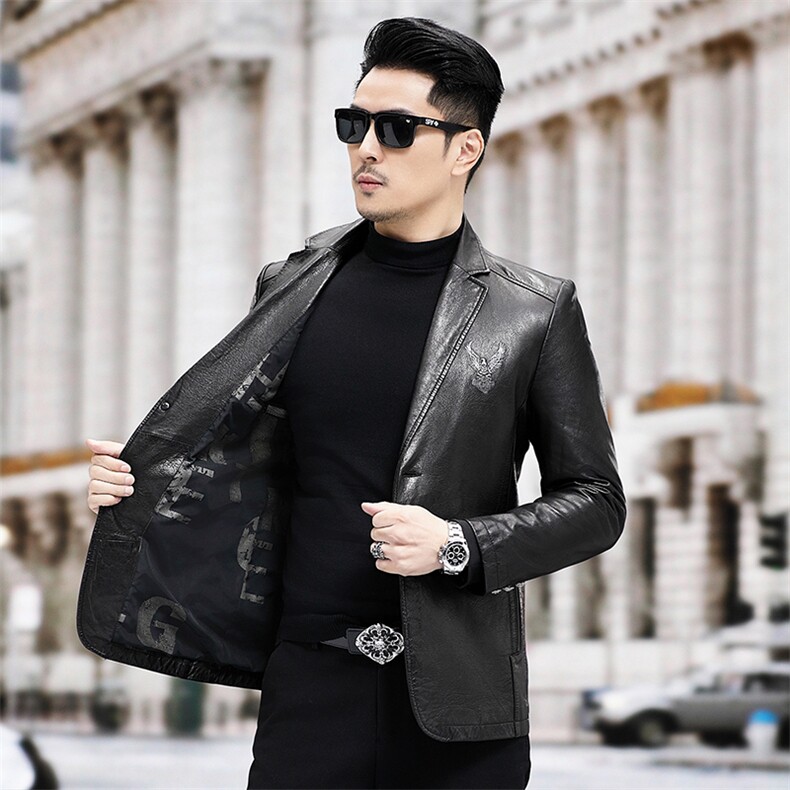 2023新款中年头层绵羊皮西服外套油蜡皮皮衣男士春秋休闲西装,男装皮衣,钱塘723