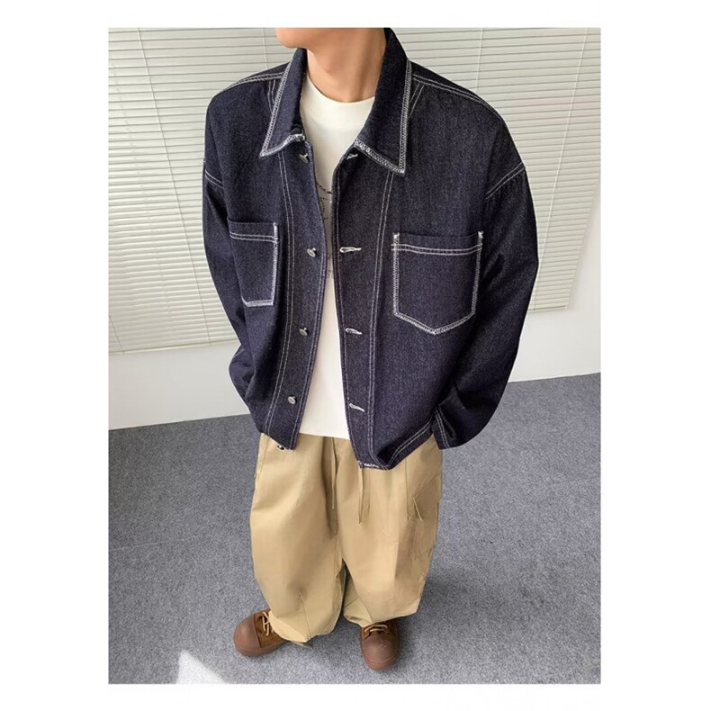 美式复古高街重工车线机能风工装口袋水洗牛仔夹克外套男,男装工装外套,四季星座505