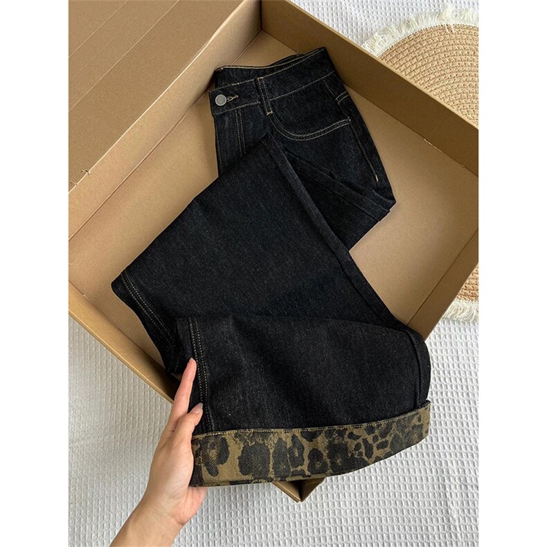 AK2476-P55宽松阔腿牛仔裤女高腰拼接豹纹卷边垂感直筒拖地长裤,女装休闲裤,星座617A-2