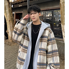 经典格子拼色男士毛呢连帽夹克外套A071-5010-P115，男装夹克，电商A071