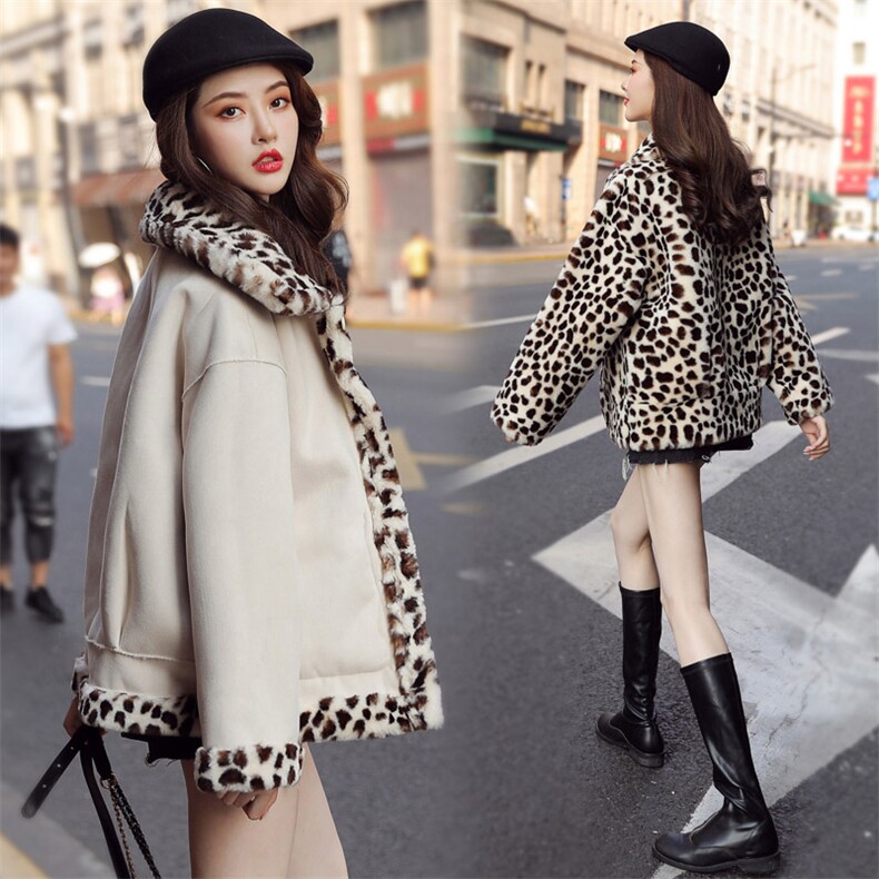 2024冬装新款皮毛一体大衣仿羊羔毛外套豹纹两面穿，女装毛呢外套，沫晗依美