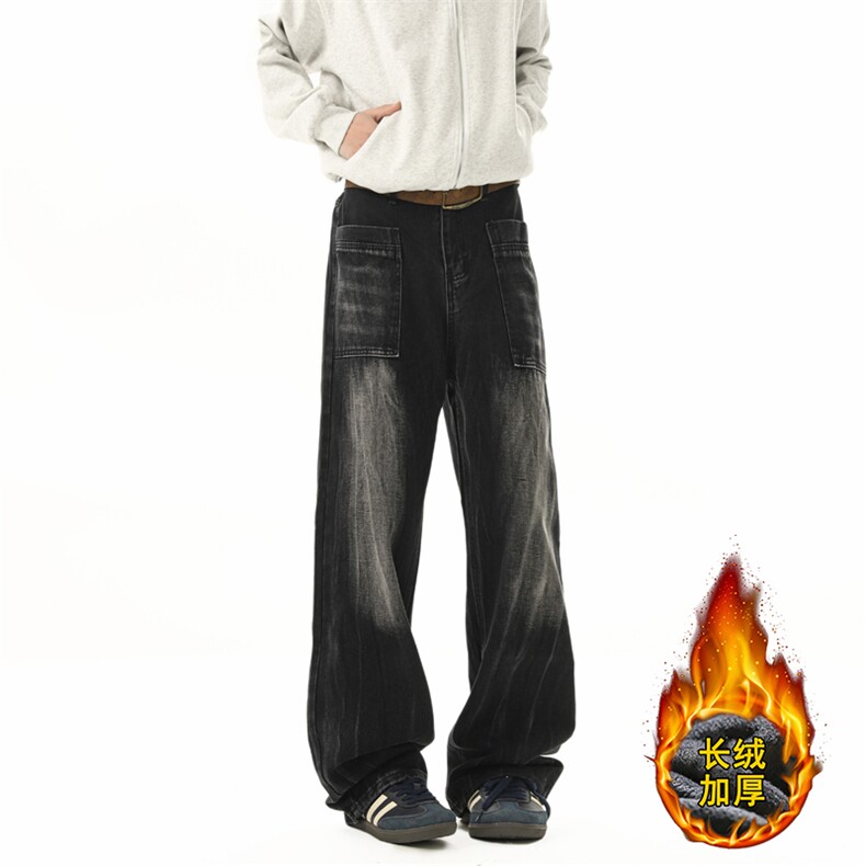 B221美式ins高街暗黑宽松直筒加绒牛仔裤LK24348-特P58控98，男装牛仔裤，电商B221