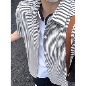 新款夏日条纹短袖衬衫款男女同款运动休闲打底衫外套 C73图片