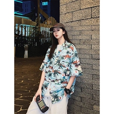 夏季日系碎花短袖衬衫复古青少年夏威夷男女同款沙滩衬衣C123，男装衬衫，星座1116A-2（原606A-1）