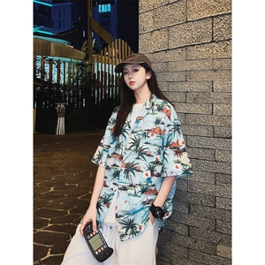 夏季日系碎花短袖衬衫复古青少年夏威夷男女同款沙滩衬衣 C123图片