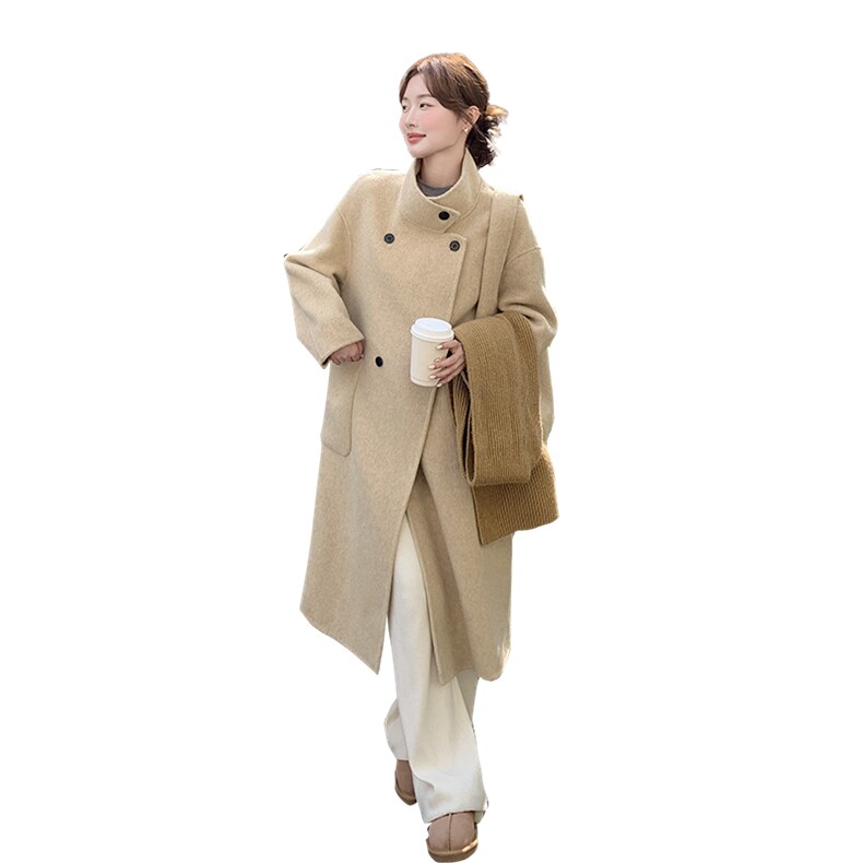 黄色立领双面羊绒大衣女秋冬高级感2025新款气质长款收腰毛呢外套,女装毛呢外套,欧黛芙妮