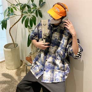 2026夏美式扎染刺绣格子短袖衬衫衬衣五分袖 CS1805/特P35 蓝色6图片