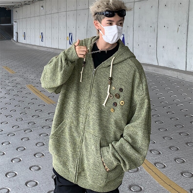 美式复古设计感针织连帽外套男女小众早春慵懒卫衣开衫潮牌,女装短外套,星座1013
