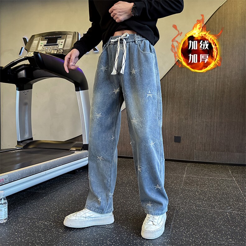 冬季加绒牛仔裤 男士印花直筒裤加绒牛仔裤弯刀裤潮901N41加绒P68图片