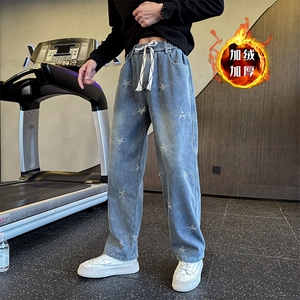 冬季加绒牛仔裤男士印花直筒裤加绒牛仔裤弯刀裤潮901N41加绒P68