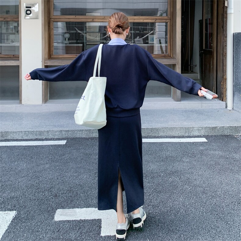 藏青色休闲条纹拼接卫衣套装女2025年春秋季新款显瘦半身裙两件套,女装套装/套裙,2C105